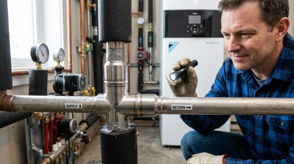 Detailed macro shot of leak-free pipe connection joint in re