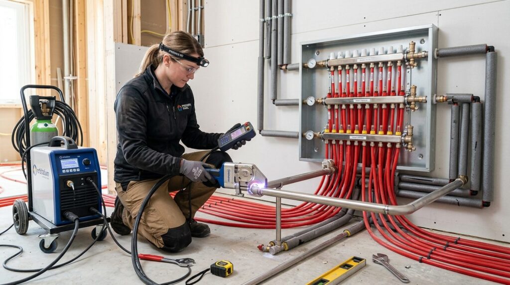 Skilled HVAC technician using orbital welding equipment on h