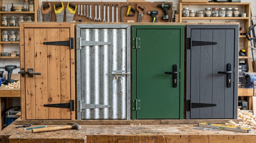 Close-up realistic image of different shed door materials an