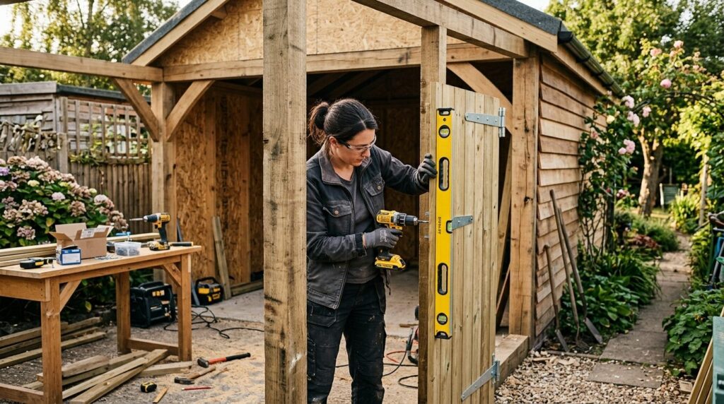 Practical DIY scene showing a homeowner fitting a new shed d