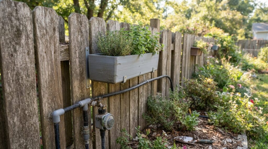 Realistic outdoor scene showing a weathered DIY garden with