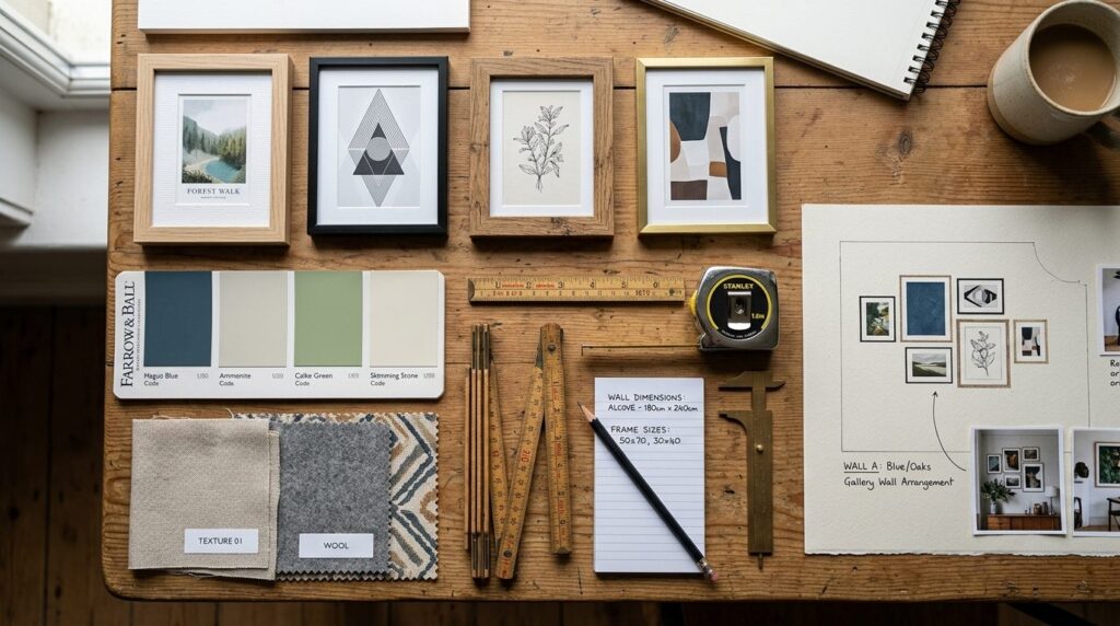 Close-up overhead shot of interior design mood board display