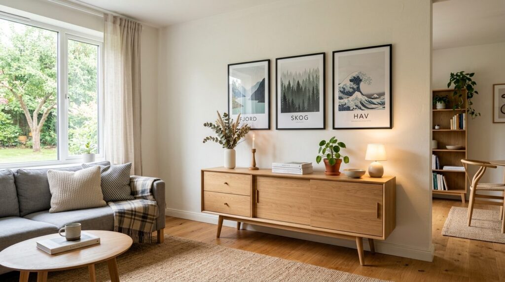Bright Scandinavian-style living room interior with finished
