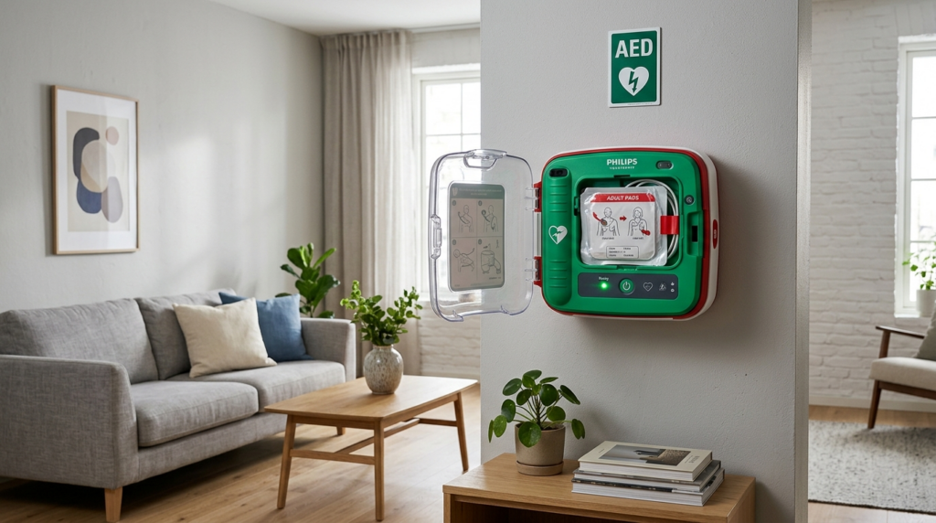 A wall-mounted automated external defibrillator (AED) device