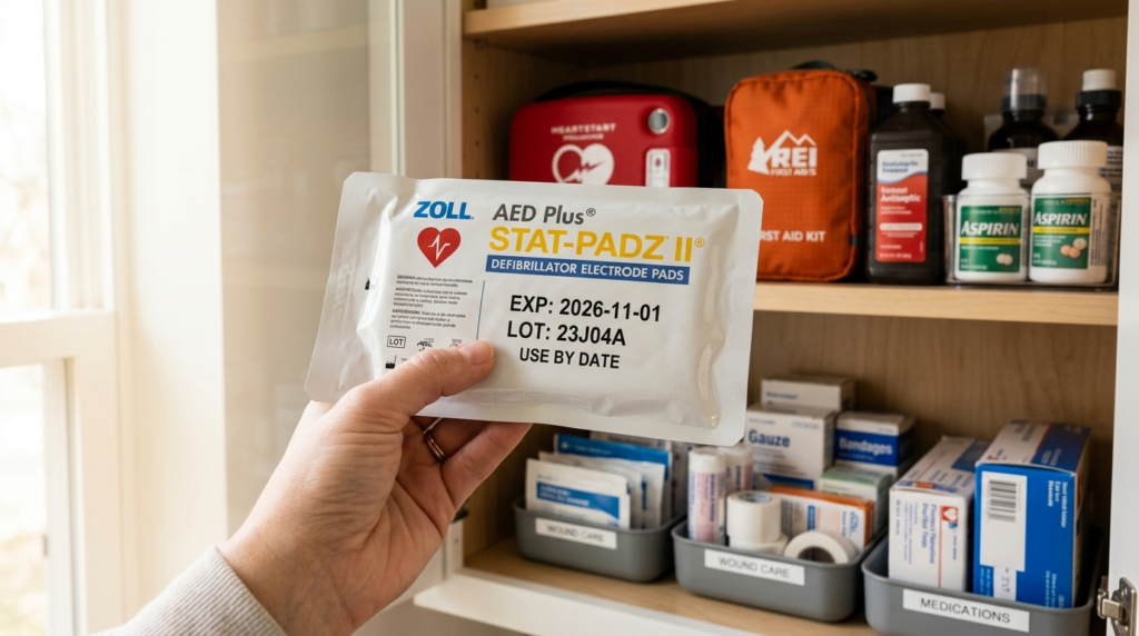 Close-up shot of checking expiration date on defibrillator e