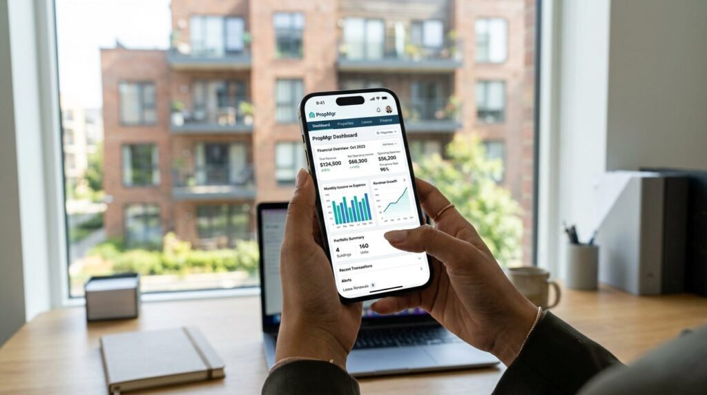 Close-up of hands holding a smartphone displaying a property