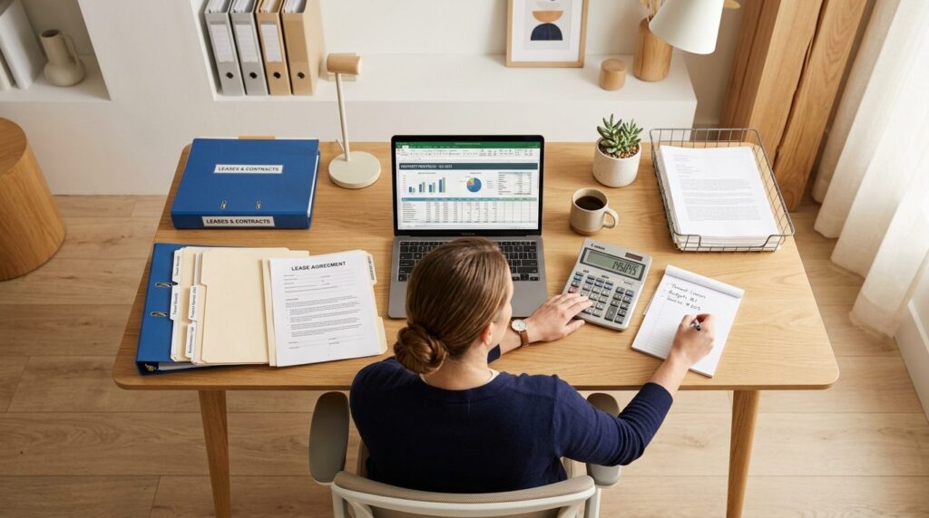Overhead view of a property manager or accountant working at