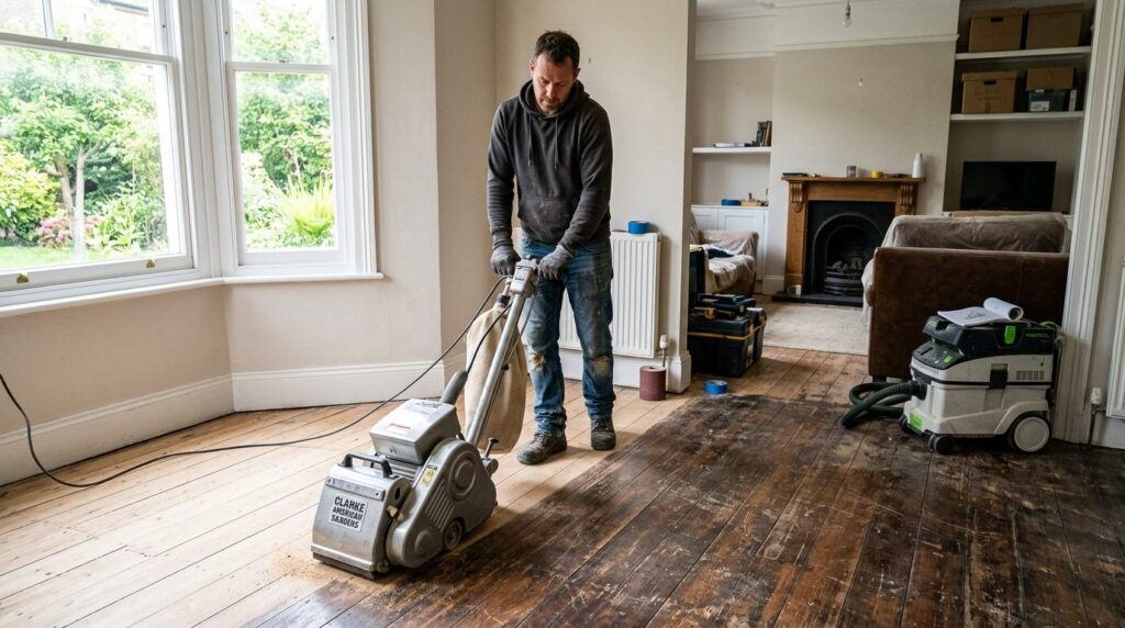 DIY homeowner operating a rental floor sanding machine in re