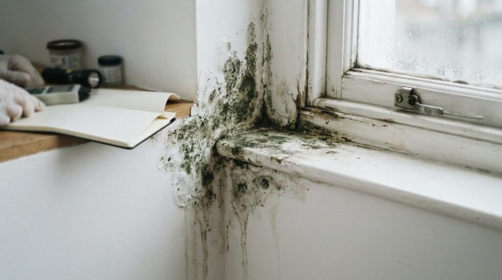 Close-up of black mold growth on white wall and window frame