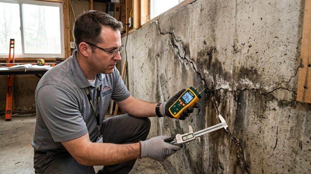 Close-up of residential foundation cracks and water damage i