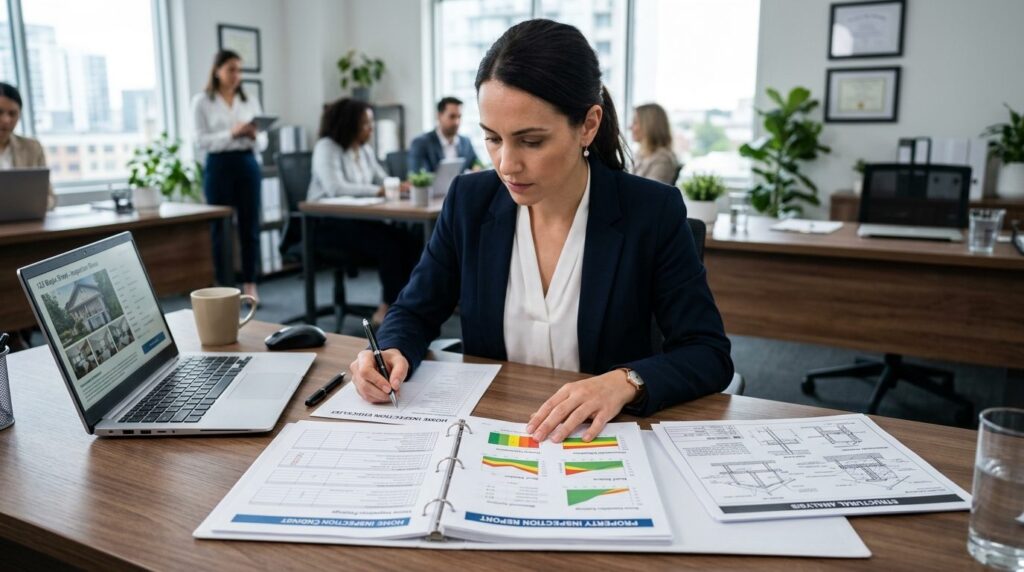 Real estate professional reviewing property inspection repor