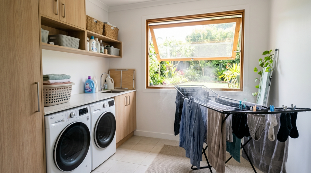 Wide-angle professional photograph of a bright laundry room 