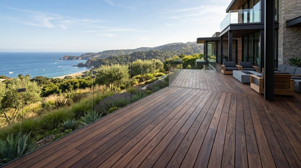Luxury residential terrace deck made from exotic hardwood in